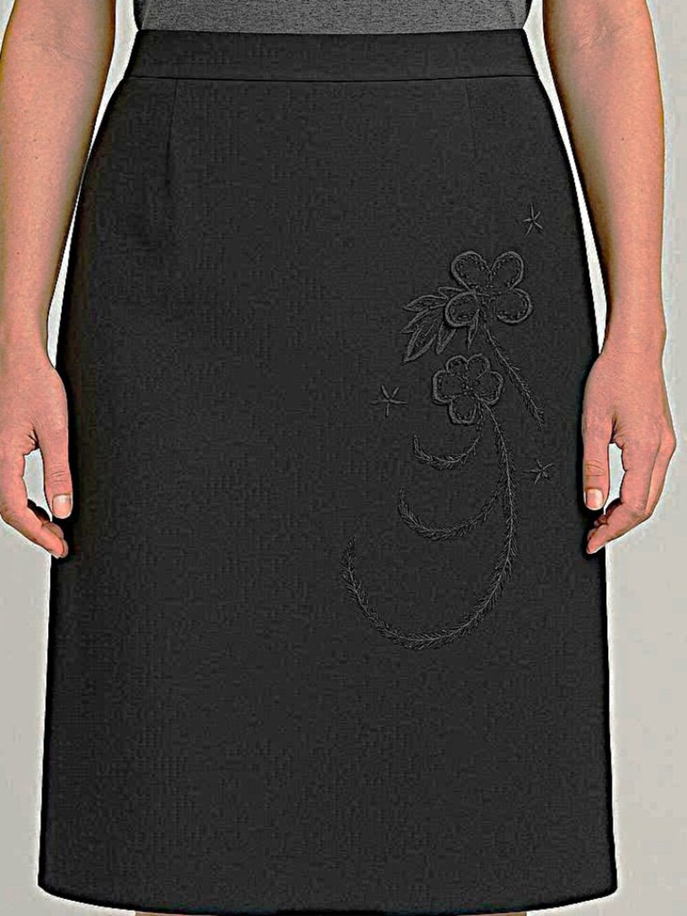 Women's Classic Black Pencil Skirt with Front Beaded Floral Design 18